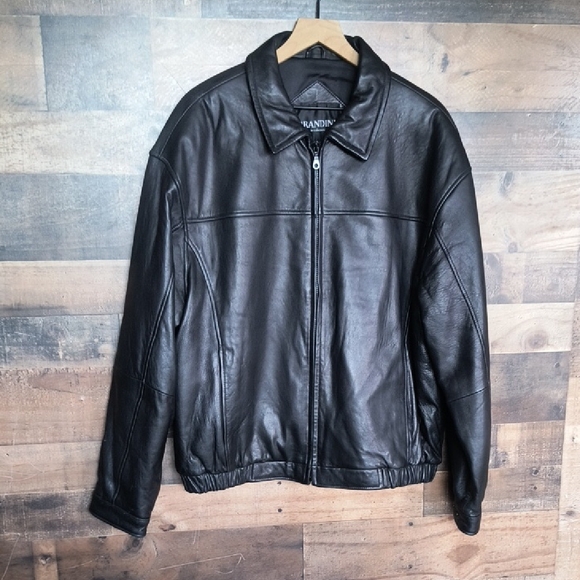 Brandini Black Leather Bomber Jacket Sz Large Mens